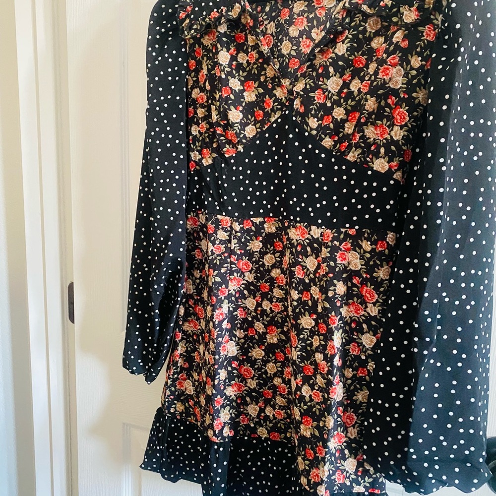 SHEIN Black and White Polka Dot and Small Rose Pattern Bell Sleeve Mini Dress